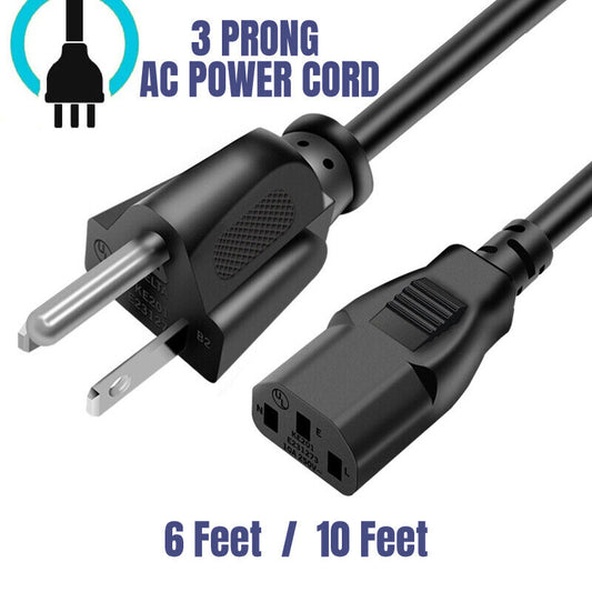 3-Prong AC Power Cord for PC, Monitor, Printer, and TV